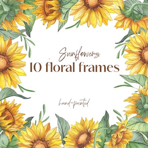 Watercolor Sunflower frame PNG, Sunflower Clipart PNG, floral border, Botanical floral watercolor, rustic wedding clipart, sunflower wreath