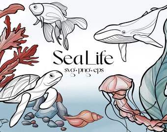 Sea Life. Line art, color. SVG, PNG, and EPS graphics. Marine animals, Undersea World, Ocean Watercolor, fish collection, sea life svg