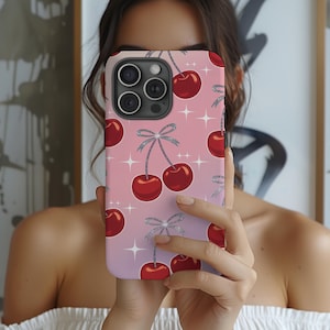Pink Cherries Phone Case, Cherry Pattern iPhone Cover, Cute Fruit Design, Protective Smartphone Case, Hard Shell Cellphone Case, Unique Gift