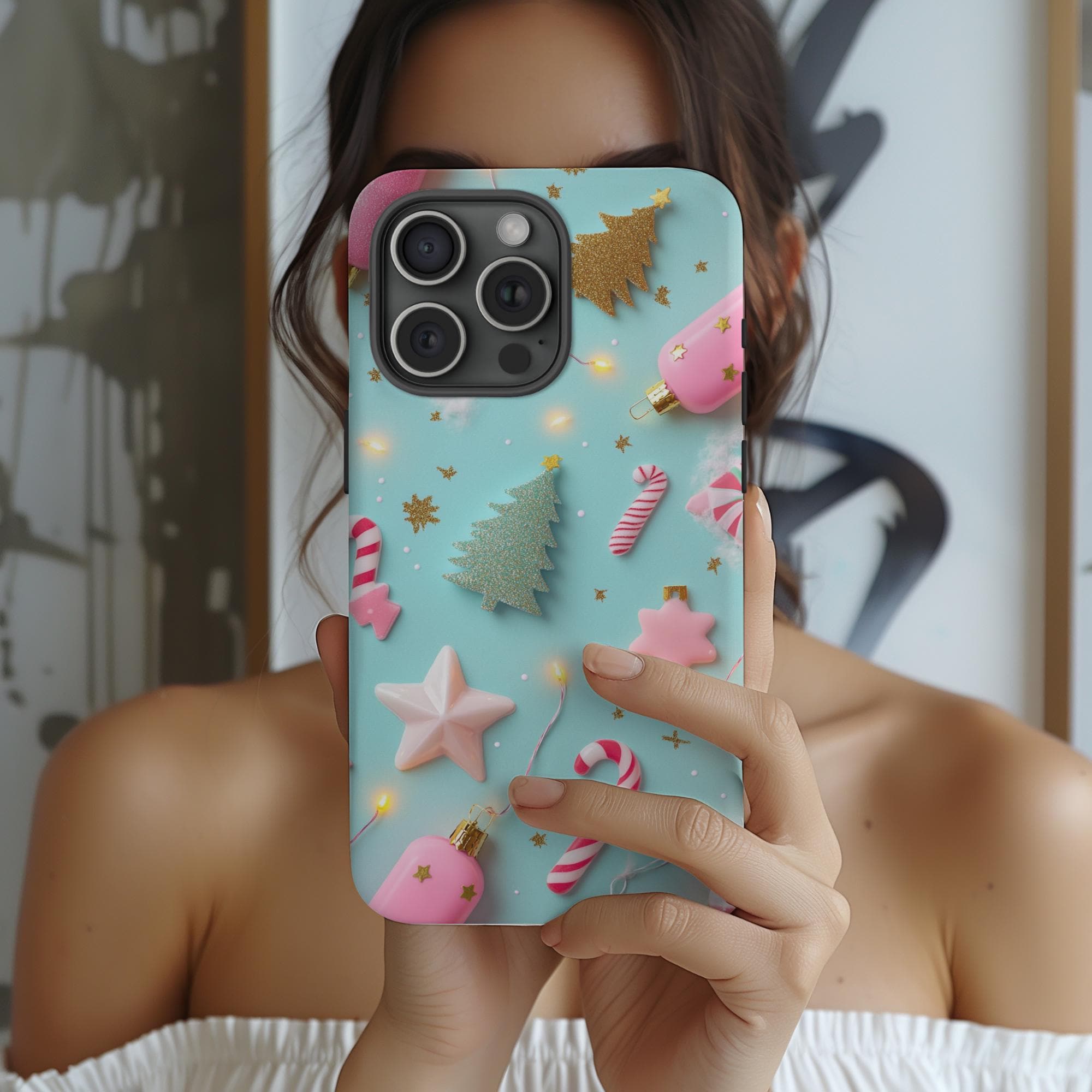 Magical Lights Phone Case | Whimsical Holiday Lights and Candy Design for iPhone & Android | Festive Pastel Christmas Theme
