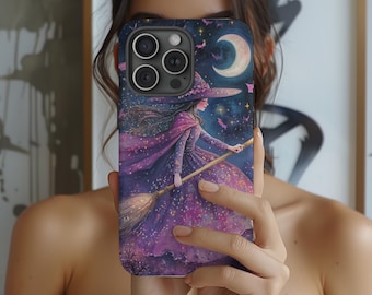 Phone Case, Cute Witchy Vibes, Pastel Witch with Bats and Moon, Halloween Phone Cover, Phone Accessories, Magical iPhone Case