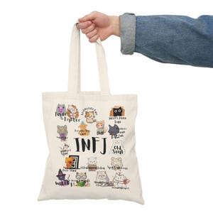 INFJ MBTI Personality Characteristic Cats Natural Tote Shopping Bag for Women Men Teacher Nurse Office Coworker Birthday Mother Daughter