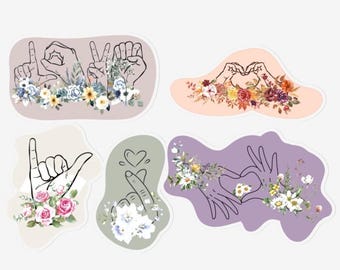Ark med klistermärken för blommig kärlek och fred i teckenspråk: Vattentålig vinyl