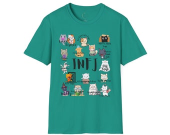 May include: A teal t-shirt with a graphic of cats representing different personality traits. The text "INFJ" is in the center of the graphic.