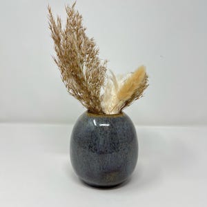 Peut inclure: Un petit vase rond en céramique avec un glaçage moucheté bleu-gris foncé. Le vase contient un bouquet d'herbes ornementales séchées de couleur beige et quelques plumes duveteuses de couleur crème. Le vase a une finition brillante.