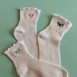 Bow embroidered socks ribbon embroidered coquette socks women&#39;s ruffled socks lightweight girly ribbed socks gift for her dainty bow socks