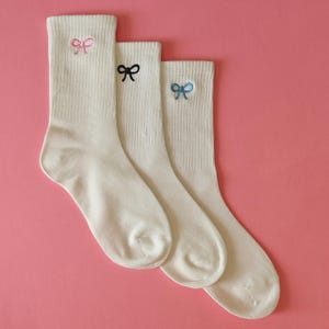 Dainty bow socks ribbon embroidered coquette socks womens socks girly ribbed socks coquette aesthetic bow embroidered socks gift for her