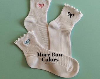Bow embroidered socks ribbon embroidered coquette socks women's ruffled socks lightweight girly ribbed socks gift for her dainty bow socks