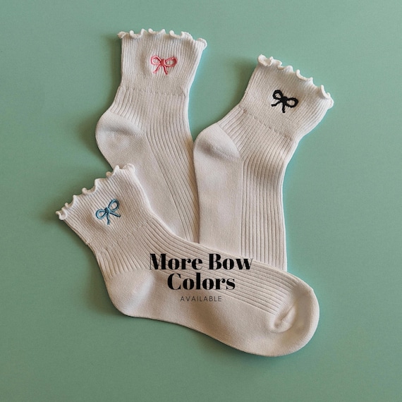 Bow embroidered socks ribbon embroidered coquette socks women's ruffled socks lightweight girly ribbed socks gift for her dainty bow socks
