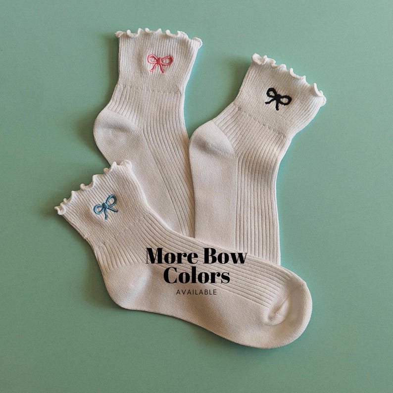 Bow embroidered socks ribbon embroidered coquette socks women's ruffled socks lightweight girly ribbed socks gift for her dainty bow socks zdjęcie 1