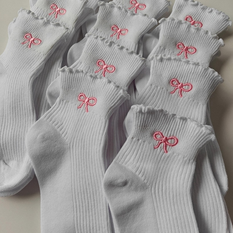 Bow embroidered socks ribbon embroidered coquette socks women's ruffled socks lightweight girly ribbed socks gift for her dainty bow socks zdjęcie 13