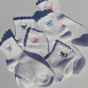 Bow embroidered socks ribbon embroidered coquette socks women's ruffled socks lightweight girly ribbed socks gift for her dainty bow socks zdjęcie 11