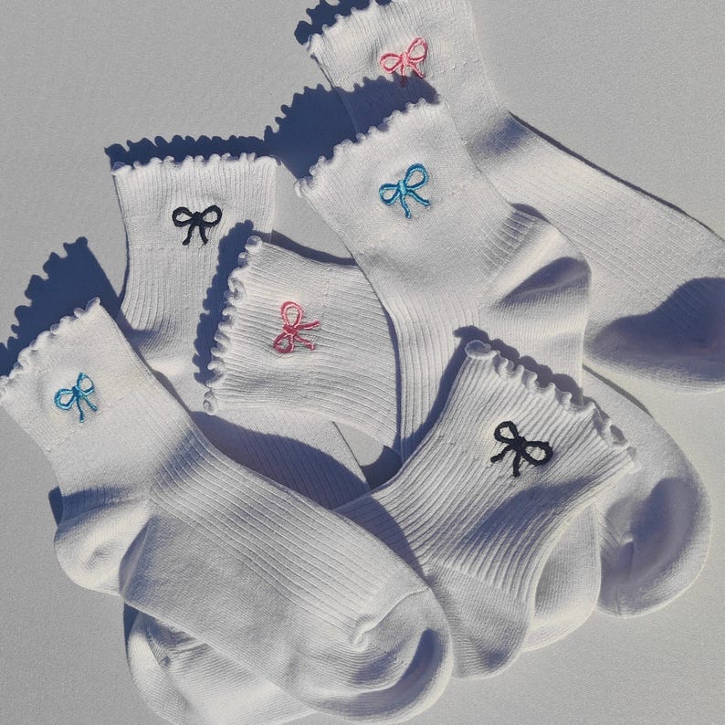 Bow embroidered socks ribbon embroidered coquette socks women's ruffled socks lightweight girly ribbed socks gift for her dainty bow socks zdjęcie 11