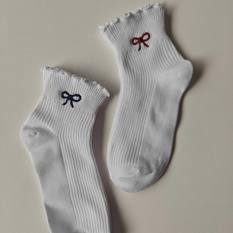 Bow embroidered socks ribbon embroidered coquette socks women's ruffled socks lightweight girly ribbed socks gift for her dainty bow socks zdjęcie 10