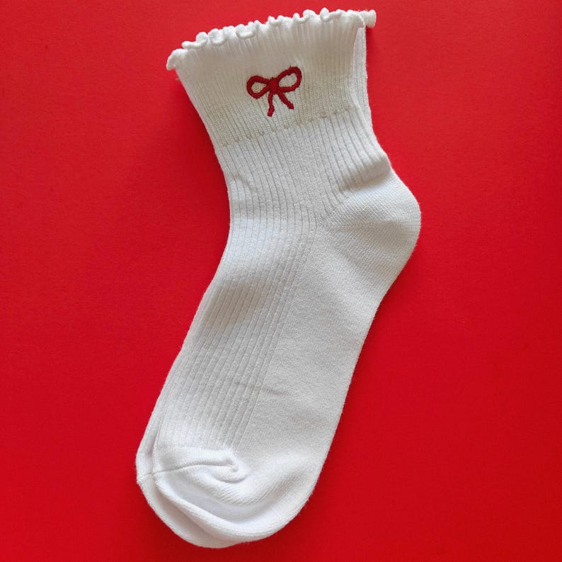 Bow embroidered socks ribbon embroidered coquette socks women's ruffled socks lightweight girly ribbed socks gift for her dainty bow socks zdjęcie 14