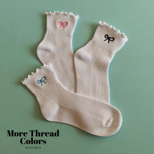 Bow embroidered socks ribbon embroidered coquette socks women's ruffled socks lightweight girly ribbed socks gift for her dainty bow socks