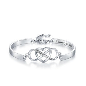 Pulseira personalizada com infinito e coração, pulseira com nome gravado e cartão-presente, presente para ela, dia das mães, aniversário