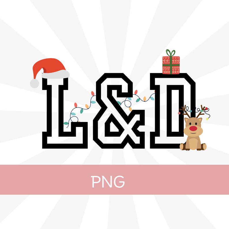 K&ouml;nnte beinhalten: Schwarzwei&szlig;grafik der Buchstaben L & D mit einem Weihnachtsmann-Hut auf dem L und einem Rentier mit einem Geschenk auf dem D. Die Buchstaben sind mit Weihnachtslichtern verziert.