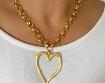 Oversized Heart Statement Necklace - matte gold chunky chain necklace, gold heart necklace, statement choker