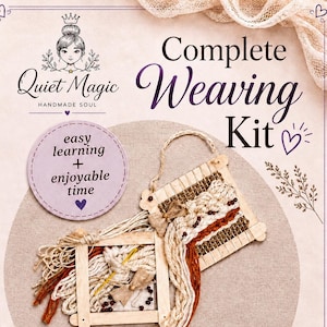 May include: A complete weaving kit featuring two small wooden looms with cream and rust-colored yarn, a yellow needle, and decorative bows. The packaging includes the text Quiet Magic, Complete Weaving Kit, easy learning + enjoyable time, and Video Tutorial.