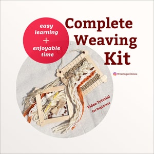 May include: Complete weaving kit with two wooden frames, yarn in orange and white, a needle, and beads. The kit includes a video tutorial for beginners. The text "easy learning + enjoyable time" is on a red circle.