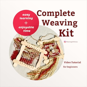 May include: Complete Weaving Kit with two wooden looms, red and beige yarn, and a video tutorial for beginners. The kit includes everything you need to create your own woven wall hangings.
