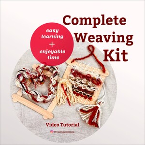 May include: Complete Weaving Kit with easy learning and enjoyable time. The kit includes a wooden loom, yarn in red and white, and a video tutorial.  Weavingwithinna.
