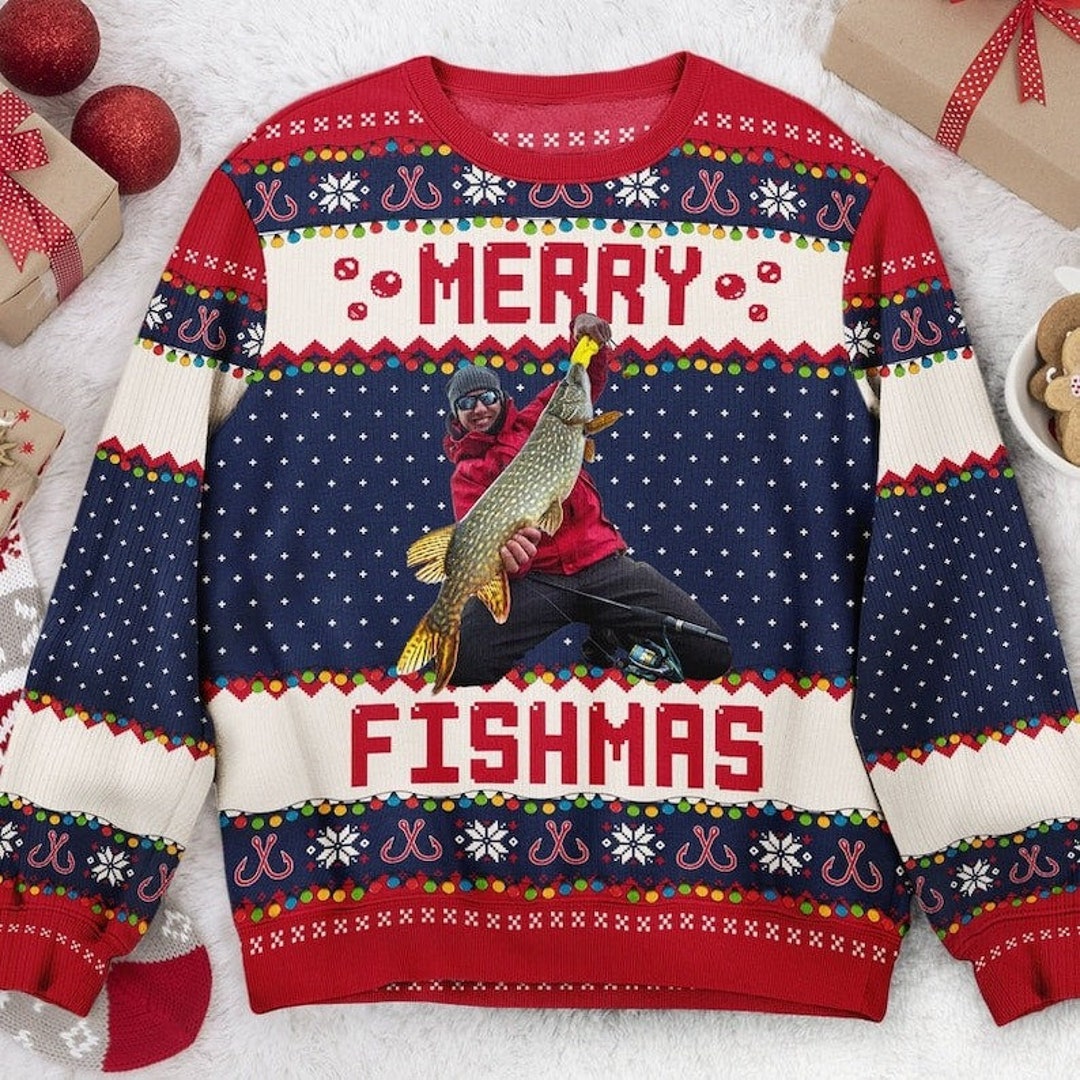 Custom Photo Ugly Christmas Sweatermerry Fishmas Etsy