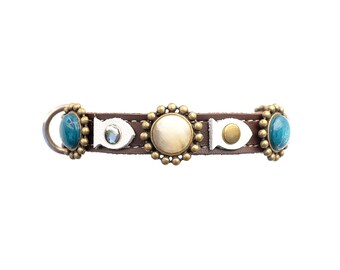 Collier de chat de luxe en cuir avec bijoux, pierres bleues turquoise et beiges