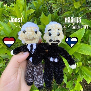 Crochet Dutch Guy Named 'Joost' and Finnish Guy Named 'Häärijä' with a ‘K’ Mini Plushies, Handmade Plushies + Keyring