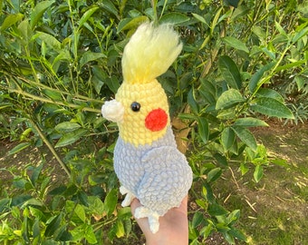 Crochet Cockatiel Parrot, Cute Big Parrot Yellow & Grey Plush
