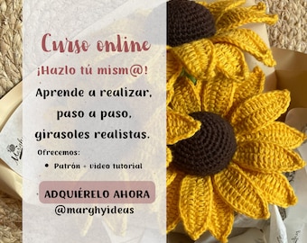 Pattern + video tutorial in Spanish of realistic crochet sunflowers