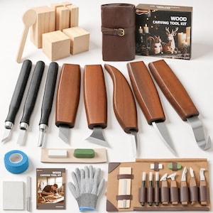 May include: A wood carving tool kit featuring various steel blades with wooden and black handles, wooden blocks, a brown leather roll-up case, a pair of grey cut-resistant gloves, sharpening stones, a blue self-adhesive bandage, and an instruction manual.