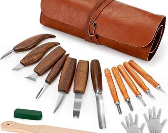 Professionele houtsnijbeitelset, snijgereedschap met walnoothouten handvatten, leren roltas, houtbewerkingsset voor beginners