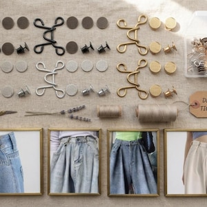 May include: A denim waist tightener kit featuring black, silver, and gold-toned metal hook-and-eye fasteners, matching circular buttons, and pins. The set includes a clear plastic storage box, sewing thread, and four photos showing the fasteners applied to various styles of denim pants.