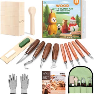 May include: A 25-piece wood whittling kit for beginners including eight wooden blocks, a wooden spoon blank, various metal carving knives with dark wood handles, a sharpening stone, a leather strop, a pair of gray cut-resistant gloves, and a green storage roll.