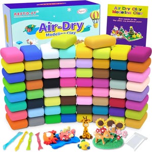 May include: A set of 48 air-dry modeling clay bars in various colors, arranged in a stack. The clay is packaged in a box with the text "Air-Dry Modeling Clay" on the front. The box also includes a small instruction booklet. The clay is suitable for ages 3 and up.