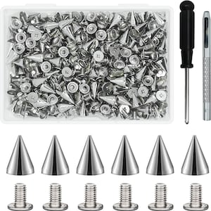 May include: A collection of silver metal cone studs and screws in a clear plastic container, with a black screwdriver and a silver punch tool. Several individual studs and screws are displayed below the container.