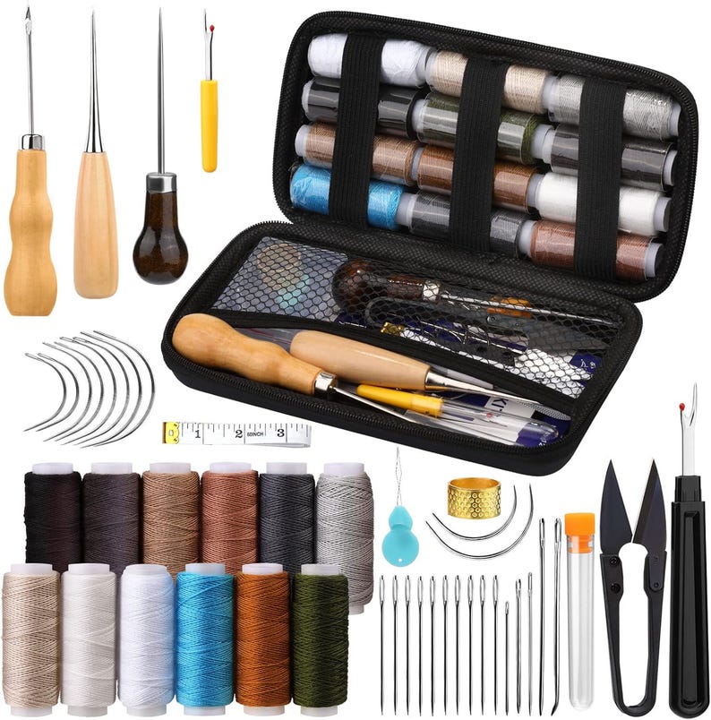May include: A leather craft kit with a variety of tools and supplies, including needles, thread, awls, and a thimble. The kit also includes a small ruler and a pair of scissors.