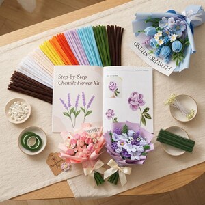 May include: A craft kit featuring a Step-by-Step Chenille Flower Kit instruction book, a fan of colorful pipe cleaners, three finished bouquets in blue, pink, and purple, white beads, green floral tape, and green wire stems for DIY projects.