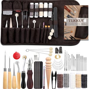 55Pcs Leather Crafting Kit for Beginners, Groover Stitch Wheel Waxed Threads Awl Needles Manual,Leather Sewing Kit for Sewing Craft Projects
