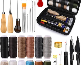48Pcs Leather Sewing Tools, Thread Awl Needles Set Thimble, Leathercraft Shoes Bags Carpet Hand Stitching, DIY Upholstery Canvas Repair Kits