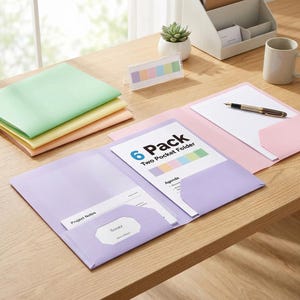 May include: A light purple two-pocket folder open on a desk, featuring a white insert with the text 6 Pack Two Pocket Folder, Agenda, and Project Notes. The folder includes a business card slot, with a pen resting on a lined paper inside.