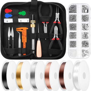 May include: A black zippered jewelry-making kit with various tools, including pliers, scissors, and a measuring tape. A separate container holds assorted jewelry findings. Spools of black, gold, silver, copper, and brown beading wire are also visible.