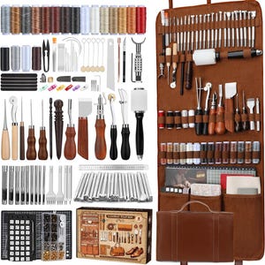 Professional Leather Working Tool Kit with Storage Bag, Engraving, Cutting, Sewing Supplies