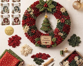 DIY-Weihnachtskranz-Set aus Stoff, 3D-Stickerei, handgefertigte Weihnachtsdekoration für die Tür, einfache Weihnachtsbastelei für Erwachsene und Anfänger