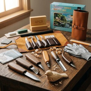 24PCS Wood Carving Tools Kit with Whittling Knife Set, Basswood Blocks & Leather Bag for Beginners