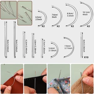 May include: A set of 10 curved needles for sewing leather and fabric. The needles are made of metal and come in various sizes, ranging from 2.13 inches to 4 inches. The set includes 10 straight needles, 2 curved needles of each size, and 2 curved needles of each size.