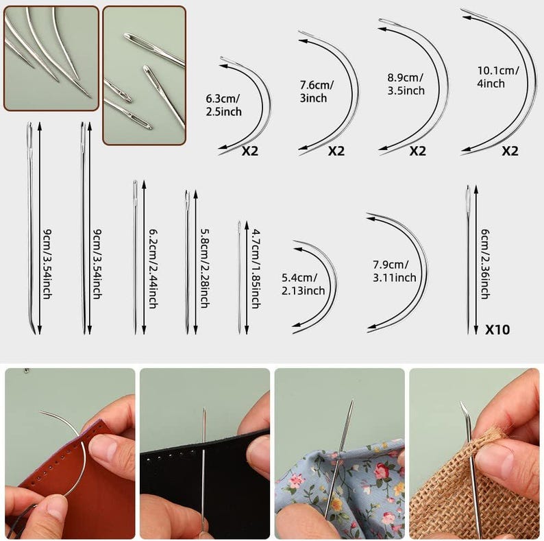 May include: A set of 10 curved needles for sewing leather and fabric. The needles are made of metal and come in various sizes, ranging from 2.13 inches to 4 inches. The set includes 10 straight needles, 2 curved needles of each size, and 2 curved needles of each size.