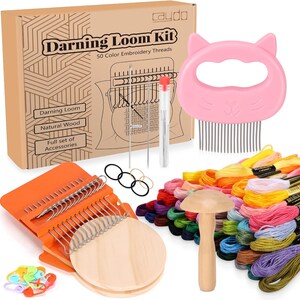 May include: A darning loom kit with 50 colorful embroidery threads, a wooden loom, a pink cat-shaped comb, and other accessories. The kit is packaged in a cardboard box with the text "Darning Loom Kit" and "50 Color Embroidery Threads".